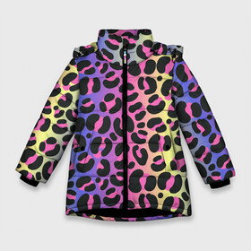 Зимняя куртка для девочек 3D с принтом Neon Leopard Pattern в Курске, ткань верха — 100% полиэстер; подклад — 100% полиэстер, утеплитель — 100% полиэстер. | длина ниже бедра, удлиненная спинка, воротник стойка и отстегивающийся капюшон. Есть боковые карманы с листочкой на кнопках, утяжки по низу изделия и внутренний карман на молнии. 

Предусмотрены светоотражающий принт на спинке, радужный светоотражающий элемент на пуллере молнии и на резинке для утяжки. | africa | afrika | gradient | summer | tropical | африка | африканский узор | градиент | леопард | леопардовый узор | лето | неон | неоновое свечение | паттерт | пятна | разные цвета | саванна | тропики | тропический узор