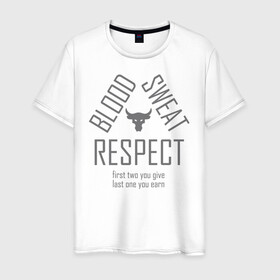 Мужская футболка хлопок с принтом Blood Sweat RESPECT в Курске, 100% хлопок | прямой крой, круглый вырез горловины, длина до линии бедер, слегка спущенное плечо. | blood | bodybuilding | bull | crossfit | dwayne johnson | fitness | gym | logo | motivation | project | respect | sport | star | sweat | the rock | under armour | бодибилдинг | броня | бык | дуэйн джонсон | звезда | качалка | кровь | кроссфит | лого | мот