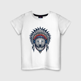 Детская футболка хлопок с принтом Медведь индеец  в Курске, 100% хлопок | круглый вырез горловины, полуприлегающий силуэт, длина до линии бедер | Тематика изображения на принте: bear | белый медведь | индеец | медведь | мишка | охота