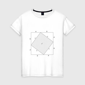 Женская футболка хлопок с принтом Теорема Пифагора в Курске, 100% хлопок | прямой крой, круглый вырез горловины, длина до линии бедер, слегка спущенное плечо | Тематика изображения на принте: алгебра | геометрия | гик | график | евклидова геометрия | математика | пифагор | схема | теорема