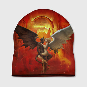 Шапка 3D с принтом Ангел и демон в Курске, 100% полиэстер | универсальный размер, печать по всей поверхности изделия | Тематика изображения на принте: ангел | демон | любовь | огонь | пламя | страсть
