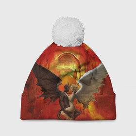 Шапка 3D c помпоном с принтом Ангел и демон в Курске, 100% полиэстер | универсальный размер, печать по всей поверхности изделия | Тематика изображения на принте: ангел | демон | любовь | огонь | пламя | страсть