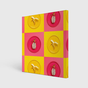 Холст квадратный с принтом фрукты шахматы в Курске, 100% ПВХ |  | 3d | банан | вкусняшки | еда | желтый | клетка | розовый | фрукты
