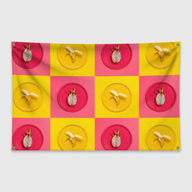 Флаг-баннер с принтом фрукты шахматы в Курске, 100% полиэстер | размер 67 х 109 см, плотность ткани — 95 г/м2; по краям флага есть четыре люверса для крепления | 3d | банан | вкусняшки | еда | желтый | клетка | розовый | фрукты