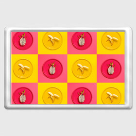 Магнит 45*70 с принтом фрукты шахматы в Курске, Пластик | Размер: 78*52 мм; Размер печати: 70*45 | Тематика изображения на принте: 3d | банан | вкусняшки | еда | желтый | клетка | розовый | фрукты