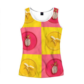 Женская майка 3D с принтом фрукты шахматы в Курске, 100% полиэстер | круглая горловина, прямой силуэт, длина до линии бедра | 3d | банан | вкусняшки | еда | желтый | клетка | розовый | фрукты
