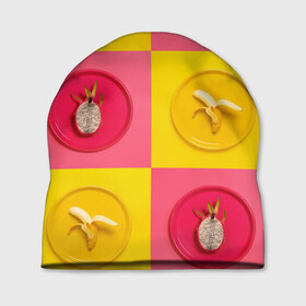 Шапка 3D с принтом фрукты шахматы в Курске, 100% полиэстер | универсальный размер, печать по всей поверхности изделия | 3d | банан | вкусняшки | еда | желтый | клетка | розовый | фрукты
