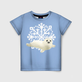 Детская футболка 3D с принтом Беляк в Курске, 100% гипоаллергенный полиэфир | прямой крой, круглый вырез горловины, длина до линии бедер, чуть спущенное плечо, ткань немного тянется | белый | беляк | детёныш | зима | лазурно серый | милота | милый | синий | снег | снежинка | тюлень
