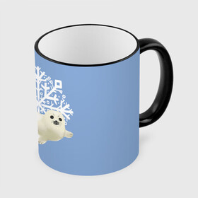 Кружка с принтом Беляк в Курске, керамика | ёмкость 330 мл | Тематика изображения на принте: белый | беляк | детёныш | зима | лазурно серый | милота | милый | синий | снег | снежинка | тюлень