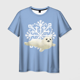 Мужская футболка 3D с принтом Беляк в Курске, 100% полиэфир | прямой крой, круглый вырез горловины, длина до линии бедер | белый | беляк | детёныш | зима | лазурно серый | милота | милый | синий | снег | снежинка | тюлень