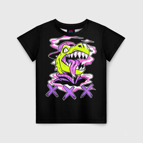 Детская футболка 3D с принтом Кислотный динозавр в Курске, 100% гипоаллергенный полиэфир | прямой крой, круглый вырез горловины, длина до линии бедер, чуть спущенное плечо, ткань немного тянется | безумие | динозавр | животные | килоста | кислотный | рекс | тиранозавр | эйфория