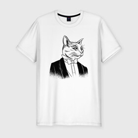 Мужская футболка хлопок Slim с принтом Сэр Кот Джентльмен в Курске, 92% хлопок, 8% лайкра | приталенный силуэт, круглый вырез ворота, длина до линии бедра, короткий рукав | black cat | cat | cats | cute | gentleman | kawaii | kitten | kitty | pussycat | sir cat | в костюме | кавайи | котенок | коты | котята | кошка | люблю котов | пиджак | прикол | рисунок кота | черный кот | юмор