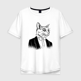 Мужская футболка хлопок Oversize с принтом Сэр Кот Джентльмен в Курске, 100% хлопок | свободный крой, круглый ворот, “спинка” длиннее передней части | black cat | cat | cats | cute | gentleman | kawaii | kitten | kitty | pussycat | sir cat | в костюме | кавайи | котенок | коты | котята | кошка | люблю котов | пиджак | прикол | рисунок кота | черный кот | юмор