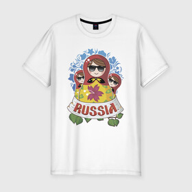 Мужская футболка хлопок Slim с принтом Russia в Курске, 92% хлопок, 8% лайкра | приталенный силуэт, круглый вырез ворота, длина до линии бедра, короткий рукав | russia | матрешки | патриотизм | родина | россия