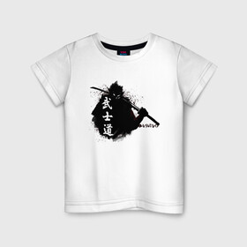 Детская футболка хлопок с принтом Busido - путь воина в Курске, 100% хлопок | круглый вырез горловины, полуприлегающий силуэт, длина до линии бедер | Тематика изображения на принте: воин | демон | дух | иероглиф | меч | самурай | японимая
