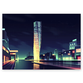Поздравительная открытка с принтом Ночной Город в Курске, 100% бумага | плотность бумаги 280 г/м2, матовая, на обратной стороне линовка и место для марки
 | архитектура | город | здания | ночной город