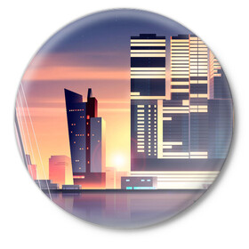 Значок с принтом Ночной Город в Курске,  металл | круглая форма, металлическая застежка в виде булавки | архитектура | город | закат | здания | ночной город