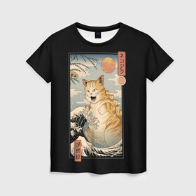 Женская футболка 3D с принтом CATZILLA в Курске, 100% полиэфир ( синтетическое хлопкоподобное полотно) | прямой крой, круглый вырез горловины, длина до линии бедер | cat | cats | catzilla | godzilla | japan | kaiju | neko | ninja | retro | samurai | shark | wave | yakuza | акула | волна | годзилла | кайдзю | катана | кот | котенок | котзилла | коты | котэ | котята | кошка | неко | ниндзя | ретро | самурай | якудза
