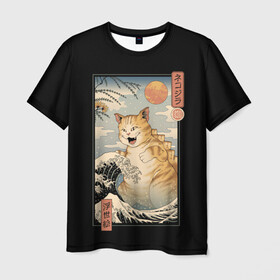 Мужская футболка 3D с принтом CATZILLA в Курске, 100% полиэфир | прямой крой, круглый вырез горловины, длина до линии бедер | cat | cats | catzilla | godzilla | japan | kaiju | neko | ninja | retro | samurai | shark | wave | yakuza | акула | волна | годзилла | кайдзю | катана | кот | котенок | котзилла | коты | котэ | котята | кошка | неко | ниндзя | ретро | самурай | якудза