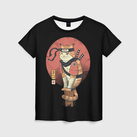 Женская футболка 3D с принтом Кот Ниндзя в Курске, 100% полиэфир ( синтетическое хлопкоподобное полотно) | прямой крой, круглый вырез горловины, длина до линии бедер | cat | cats | japan | ninja | samurai | yakuza | катана | кот | котенок | коты | котэ | котята | кошка | ниндзя | самурай | якудза | япония