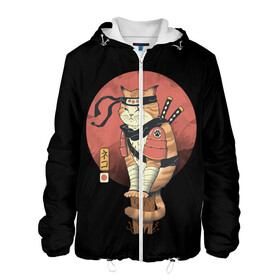 Мужская куртка 3D с принтом Кот Ниндзя в Курске, ткань верха — 100% полиэстер, подклад — флис | прямой крой, подол и капюшон оформлены резинкой с фиксаторами, два кармана без застежек по бокам, один большой потайной карман на груди. Карман на груди застегивается на липучку | Тематика изображения на принте: cat | cats | japan | ninja | samurai | yakuza | катана | кот | котенок | коты | котэ | котята | кошка | ниндзя | самурай | якудза | япония
