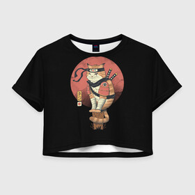 Женская футболка Crop-top 3D с принтом Кот Ниндзя в Курске, 100% полиэстер | круглая горловина, длина футболки до линии талии, рукава с отворотами | cat | cats | japan | ninja | samurai | yakuza | катана | кот | котенок | коты | котэ | котята | кошка | ниндзя | самурай | якудза | япония