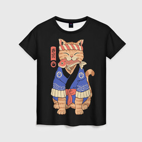 Женская футболка 3D с принтом Суши Мастер в Курске, 100% полиэфир ( синтетическое хлопкоподобное полотно) | прямой крой, круглый вырез горловины, длина до линии бедер | cat | cats | japan | master | ninja | samurai | sushi | yakuza | катана | кот | котенок | коты | котэ | котята | кошка | мастер | ниндзя | самурай | суши | якудза | япония