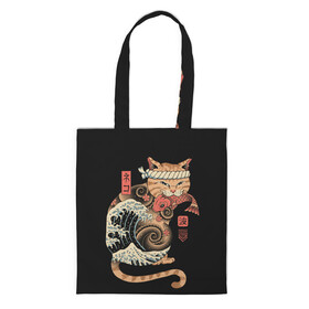 Шоппер 3D с принтом Cat Wave в Курске, 100% полиэстер | Плотность: 200 г/м2; Размер: 34×35 см; Высота лямок: 30 см | Тематика изображения на принте: cat | cats | japan | ninja | samurai | shogun | wave | yakuza | волна | катана | кот | котенок | коты | котэ | котята | кошка | ниндзя | самурай | сёгун | якудза | япония