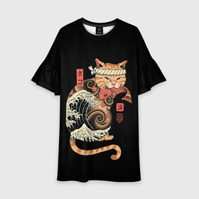 Детское платье 3D с принтом Cat Wave в Курске, 100% полиэстер | прямой силуэт, чуть расширенный к низу. Круглая горловина, на рукавах — воланы | Тематика изображения на принте: cat | cats | japan | ninja | samurai | shogun | wave | yakuza | волна | катана | кот | котенок | коты | котэ | котята | кошка | ниндзя | самурай | сёгун | якудза | япония