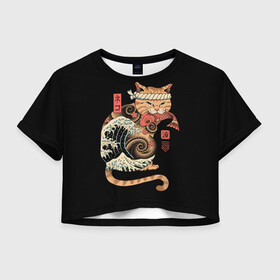 Женская футболка Crop-top 3D с принтом Cat Wave в Курске, 100% полиэстер | круглая горловина, длина футболки до линии талии, рукава с отворотами | cat | cats | japan | ninja | samurai | shogun | wave | yakuza | волна | катана | кот | котенок | коты | котэ | котята | кошка | ниндзя | самурай | сёгун | якудза | япония