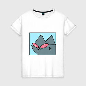 Женская футболка хлопок с принтом кот в Курске, 100% хлопок | прямой крой, круглый вырез горловины, длина до линии бедер, слегка спущенное плечо | cat | meme | кот | мем | очки