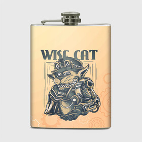 Фляга с принтом Wise cat в Курске, металлический корпус | емкость 0,22 л, размер 125 х 94 мм. Виниловая наклейка запечатывается полностью | steampunk | арт | графика | обои | плакат | постер | стимпанк