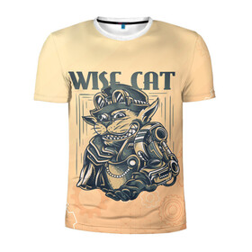 Мужская футболка 3D спортивная с принтом Wise cat в Курске, 100% полиэстер с улучшенными характеристиками | приталенный силуэт, круглая горловина, широкие плечи, сужается к линии бедра | steampunk | арт | графика | обои | плакат | постер | стимпанк