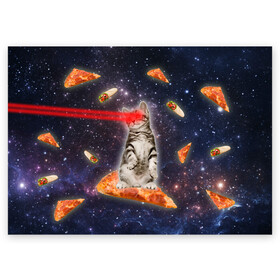 Поздравительная открытка с принтом Котик в космосе в Курске, 100% бумага | плотность бумаги 280 г/м2, матовая, на обратной стороне линовка и место для марки
 | Тематика изображения на принте: nyan cat | youtube | еда | космос | котик | мемы | пицца | психоделика | ютуб