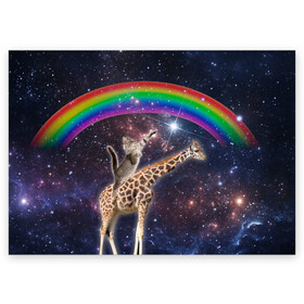 Поздравительная открытка с принтом Кот на Жирафе в Курске, 100% бумага | плотность бумаги 280 г/м2, матовая, на обратной стороне линовка и место для марки
 | Тематика изображения на принте: nyan cat | youtube | африка | жираф | космос | кот | кошка | мемы | психоделика | ютуб