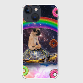 Чехол для iPhone 13 mini с принтом Мопс на черепахе в космосе в Курске,  |  | космос | мемы | мопс | психоделика | собака | черепаха