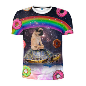 Мужская футболка 3D спортивная с принтом Мопс на черепахе в космосе в Курске, 100% полиэстер с улучшенными характеристиками | приталенный силуэт, круглая горловина, широкие плечи, сужается к линии бедра | космос | мемы | мопс | психоделика | собака | черепаха