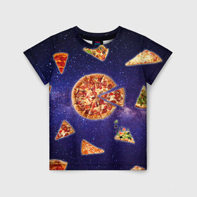 Детская футболка 3D с принтом Пицца в космосе в Курске, 100% гипоаллергенный полиэфир | прямой крой, круглый вырез горловины, длина до линии бедер, чуть спущенное плечо, ткань немного тянется | meat | pizza | space | youtube | еда | космос | мемы | пицца | психоделика | ютуб