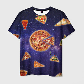 Мужская футболка 3D с принтом Пицца в космосе в Курске, 100% полиэфир | прямой крой, круглый вырез горловины, длина до линии бедер | meat | pizza | space | youtube | еда | космос | мемы | пицца | психоделика | ютуб