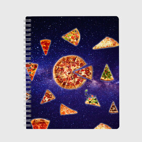 Тетрадь с принтом Пицца в космосе в Курске, 100% бумага | 48 листов, плотность листов — 60 г/м2, плотность картонной обложки — 250 г/м2. Листы скреплены сбоку удобной пружинной спиралью. Уголки страниц и обложки скругленные. Цвет линий — светло-серый
 | Тематика изображения на принте: meat | pizza | space | youtube | еда | космос | мемы | пицца | психоделика | ютуб
