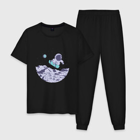 Мужская пижама хлопок с принтом Космонавт Скейтер на Луне в Курске, 100% хлопок | брюки и футболка прямого кроя, без карманов, на брюках мягкая резинка на поясе и по низу штанин
 | Тематика изображения на принте: astronaut | cartoon | graffiti | moon | planet | skate | skateboard | skater | urban | wolf | астронавт | борд | в космосе | волчара | граффити | доска | земля | картун | луна | мультяшный космонавт | планета | скейт | скейтборд | уличный ст