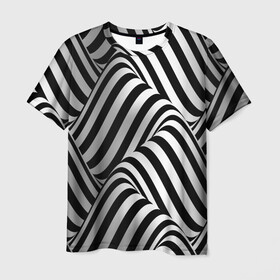 Мужская футболка 3D с принтом 3D Иллюзия в Курске, 100% полиэфир | прямой крой, круглый вырез горловины, длина до линии бедер | Тематика изображения на принте: 3d texture | абстракция | оптическая иллюзия | полосы | черно белое