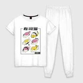Женская пижама хлопок с принтом Кавайные Суши Котики в Курске, 100% хлопок | брюки и футболка прямого кроя, без карманов, на брюках мягкая резинка на поясе и по низу штанин | cats | food | japan | japanese | kawaii | nigiri | rolls | salmon | sushi | в виде суши | еда | кавайи | кандзи | кот | котик | котята | кошка | кошки | лосось | меню | милые коты | нигири | омлет | роллы | суси | тамаго | тамагояки