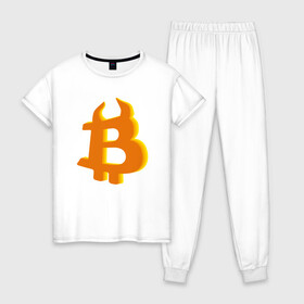 Женская пижама хлопок с принтом Btc год быка в Курске, 100% хлопок | брюки и футболка прямого кроя, без карманов, на брюках мягкая резинка на поясе и по низу штанин | Тематика изображения на принте: 2021 | bitcoin | btc | б | битиси | биткоин | год быка | желтый | коин | новый биткоин | рогатый