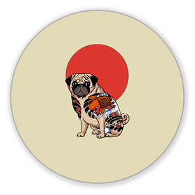 Коврик для мышки круглый с принтом Мопс в Курске, резина и полиэстер | круглая форма, изображение наносится на всю лицевую часть | мопс | мопсик | мопсики | самурай | собака | солнце | тату | япония | японское