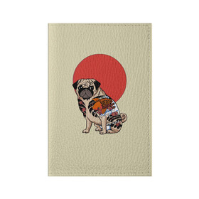 Обложка для паспорта матовая кожа с принтом Мопс в Курске, натуральная матовая кожа | размер 19,3 х 13,7 см; прозрачные пластиковые крепления | Тематика изображения на принте: мопс | мопсик | мопсики | самурай | собака | солнце | тату | япония | японское