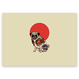 Поздравительная открытка с принтом Мопс в Курске, 100% бумага | плотность бумаги 280 г/м2, матовая, на обратной стороне линовка и место для марки
 | Тематика изображения на принте: мопс | мопсик | мопсики | самурай | собака | солнце | тату | япония | японское