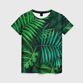 Женская футболка 3D с принтом Сочные тропики в Курске, 100% полиэфир ( синтетическое хлопкоподобное полотно) | прямой крой, круглый вырез горловины, длина до линии бедер | заросли | кусты | лето | листья | пальма | тропики. зелень