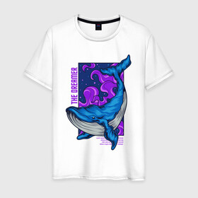 Мужская футболка хлопок с принтом Кит The dreamer в Курске, 100% хлопок | прямой крой, круглый вырез горловины, длина до линии бедер, слегка спущенное плечо. | Тематика изображения на принте: кит | кит the dreamer | мечтатель | море | океан | синий кит