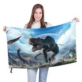 Флаг 3D с принтом Ark Survival Evolved в Курске, 100% полиэстер | плотность ткани — 95 г/м2, размер — 67 х 109 см. Принт наносится с одной стороны | Тематика изображения на принте: ark | ark survival | dino | t rex | арк | арк сурвайвал | дино | динозавр | динозавры | спинозавр | тираннозавр